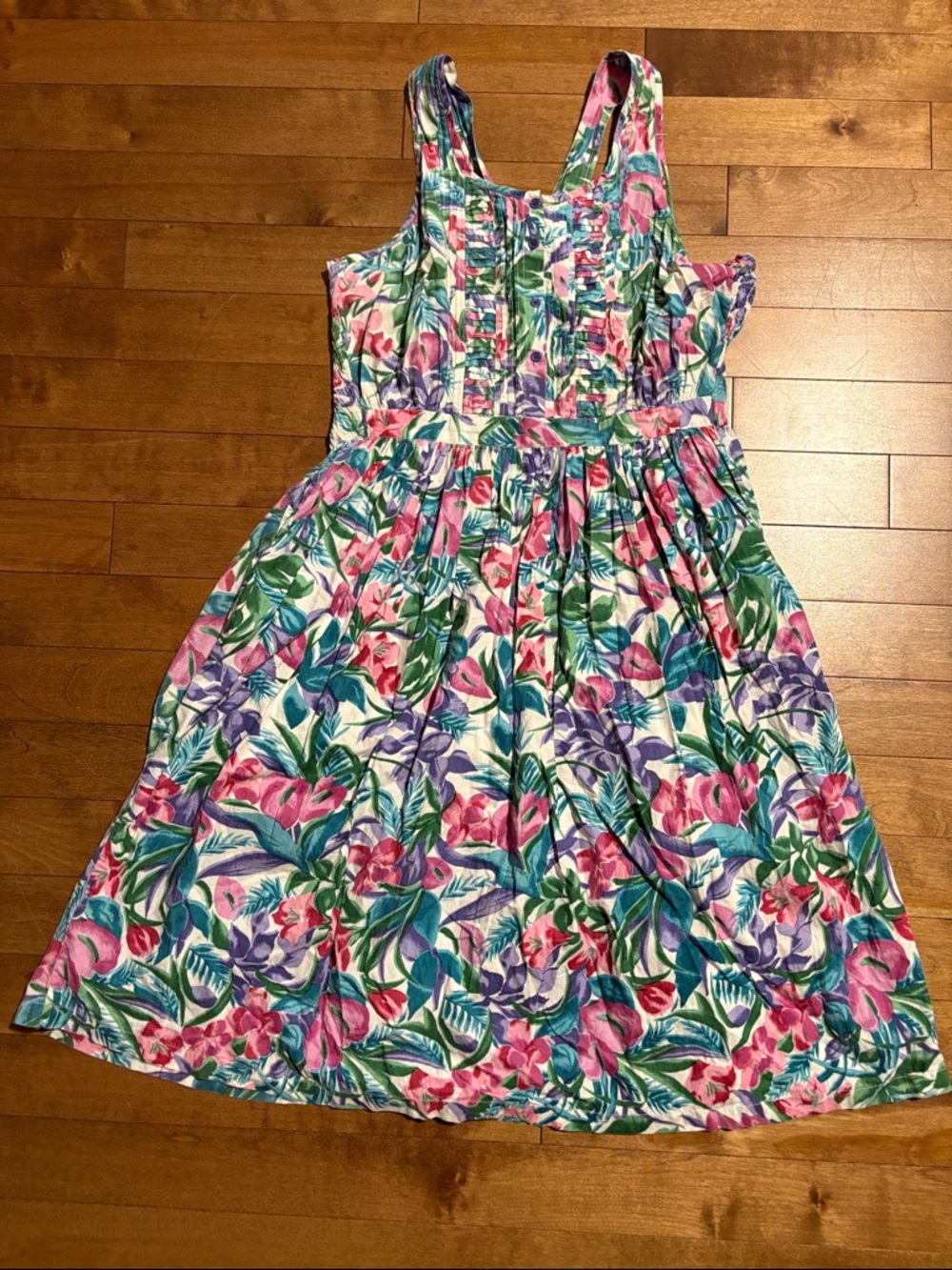 Vintage Cotton Floral Midi Dress in Pink, Green & Purple